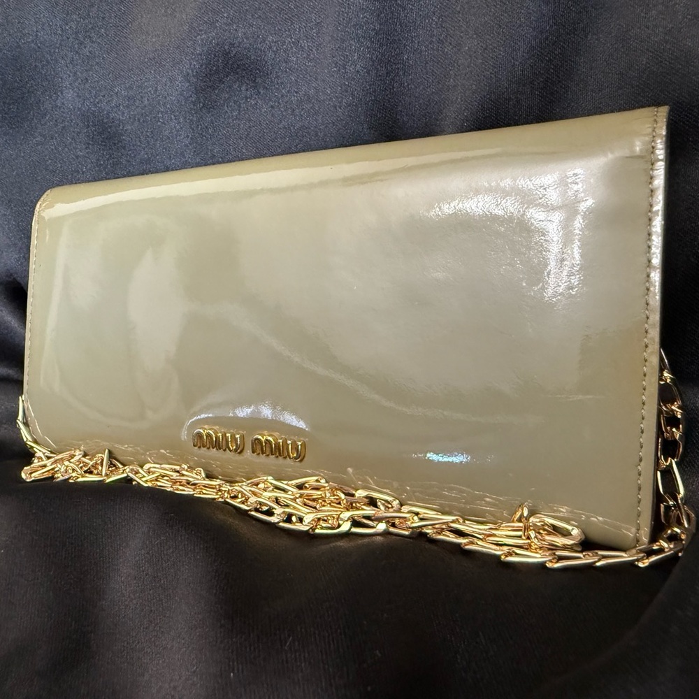Miu Miu Glossy Olive Clutch with Gold Chain